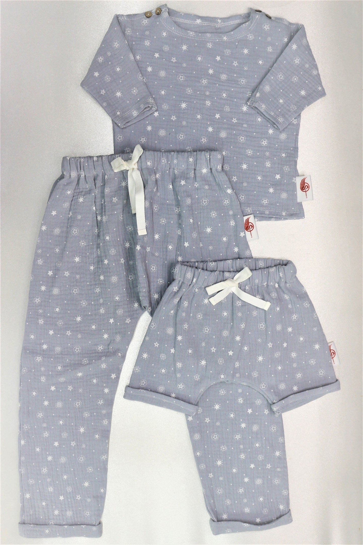 Sternenzauber Musselin Kinder Set (Hose, Shorts und Langarmshirt)